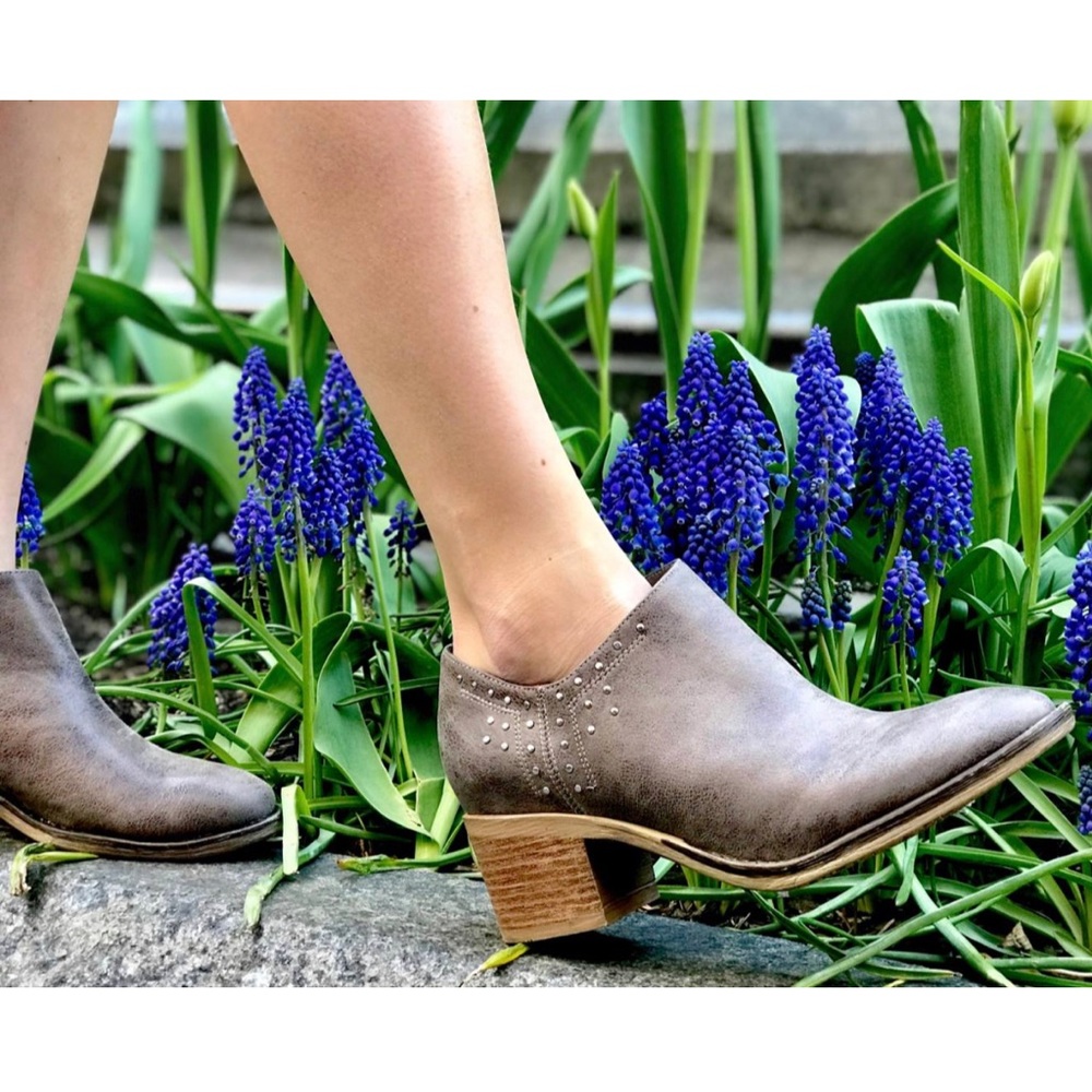 Burnished Distressed Tan Studded Ankle Bootie